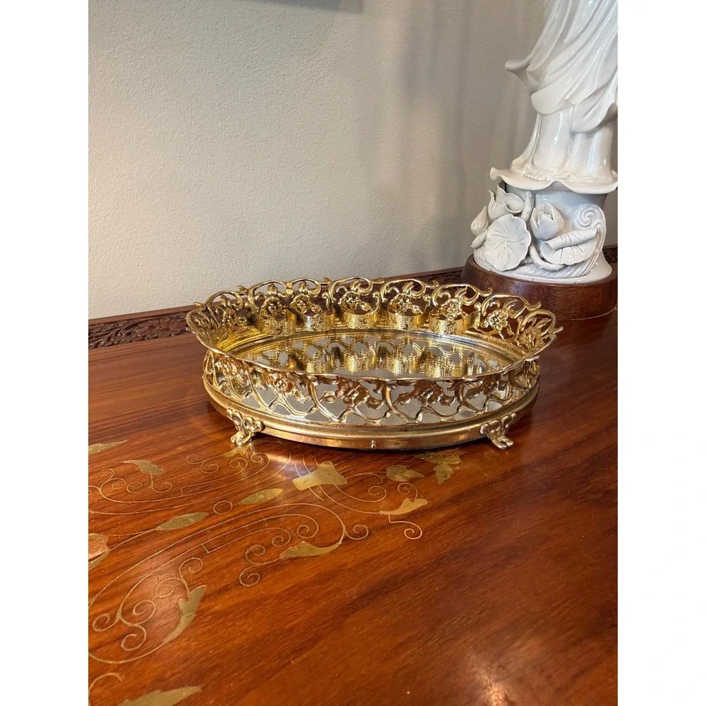 Vintage Gold Ormolu Lipstick Holder - Mirrored Vanity Tray